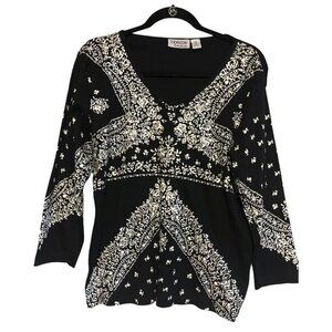 Horizon By Allison Lane Y2K Black/White Sequin Detail Holiday Party Top Medium